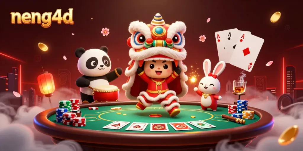 Permainan online di NENG4D yang penuh warna, menampilkan karakter lucu tarian singa dan elemen poker yang menarik.