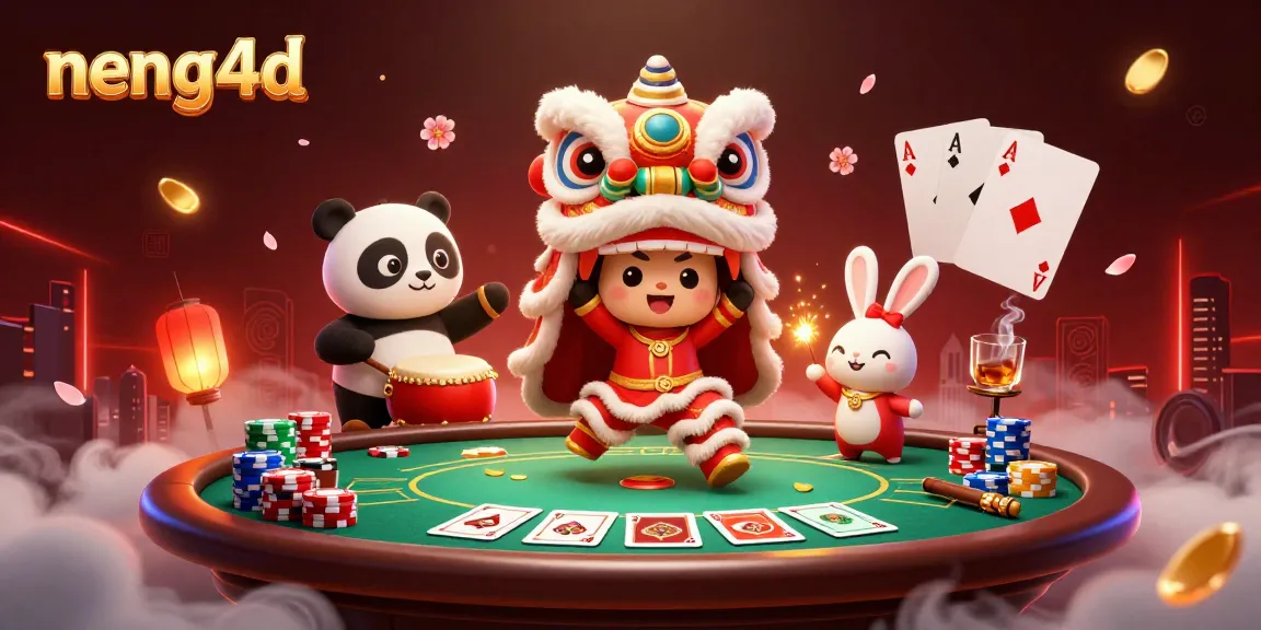 Permainan online di NENG4D yang penuh warna, menampilkan karakter lucu tarian singa dan elemen poker yang menarik.