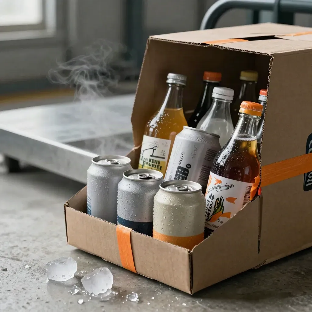 Open sample pack of unbranded beverage bottles spilling from a carton on a concrete bench.