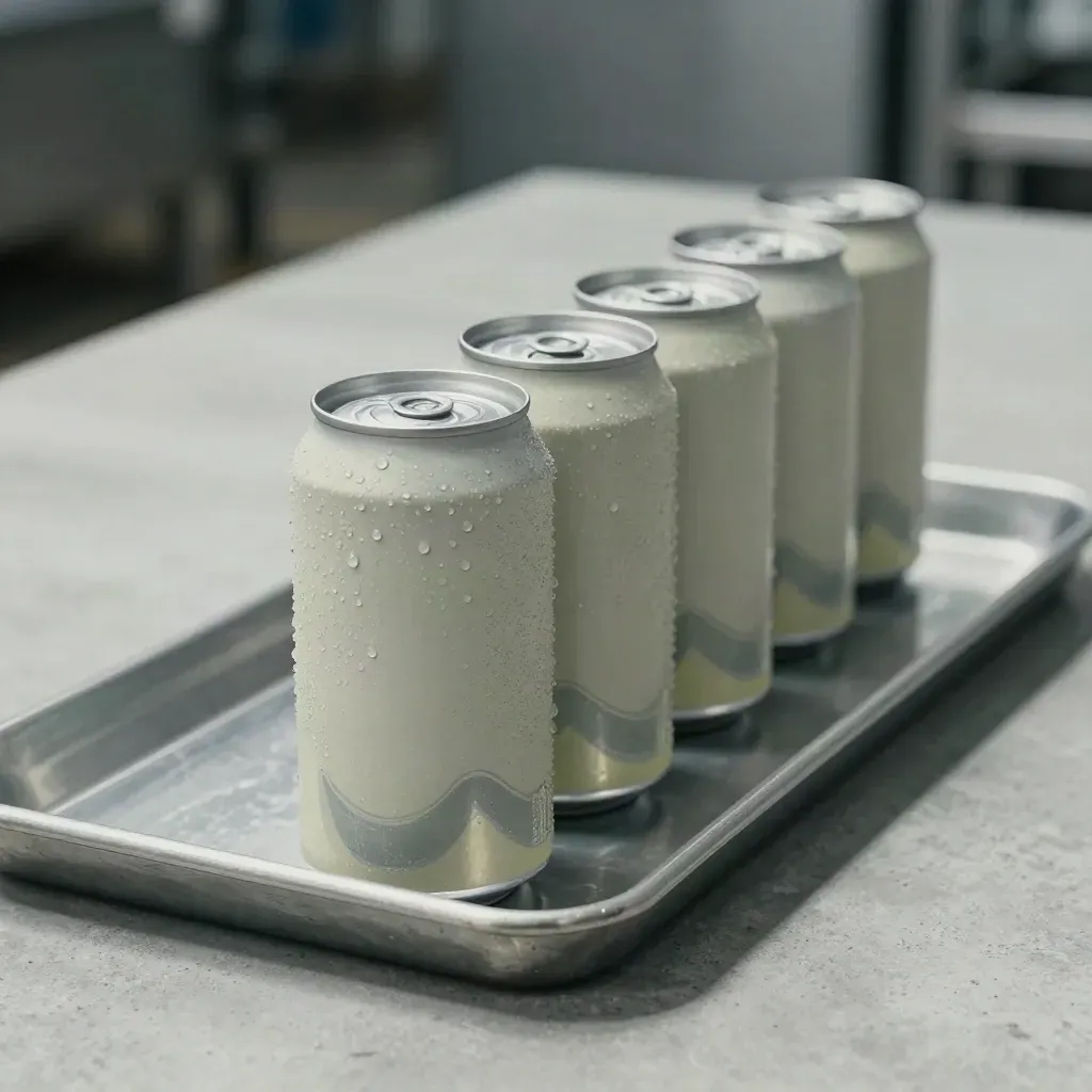Six unlabelled soda cans slide on a chilled stainless tray, lead can lit, lime-tinted condensation.