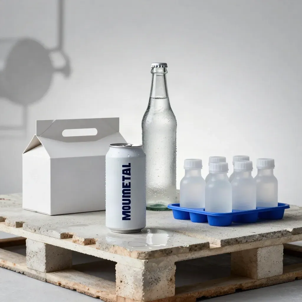 Private-label soda launch kit with can, bottle, carton sleeve and sample vials on a concrete pallet.