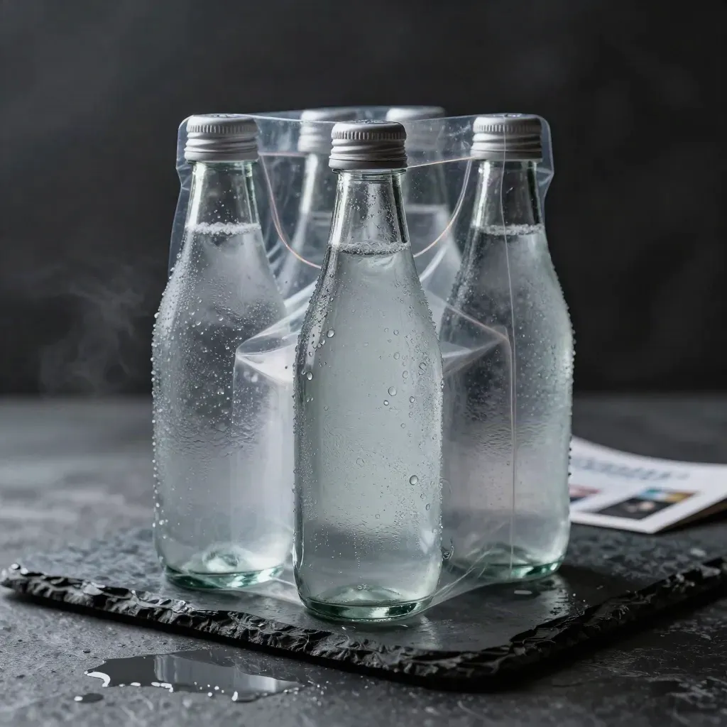 Chilled sparkling water pack on wet stone with condensation and reflection