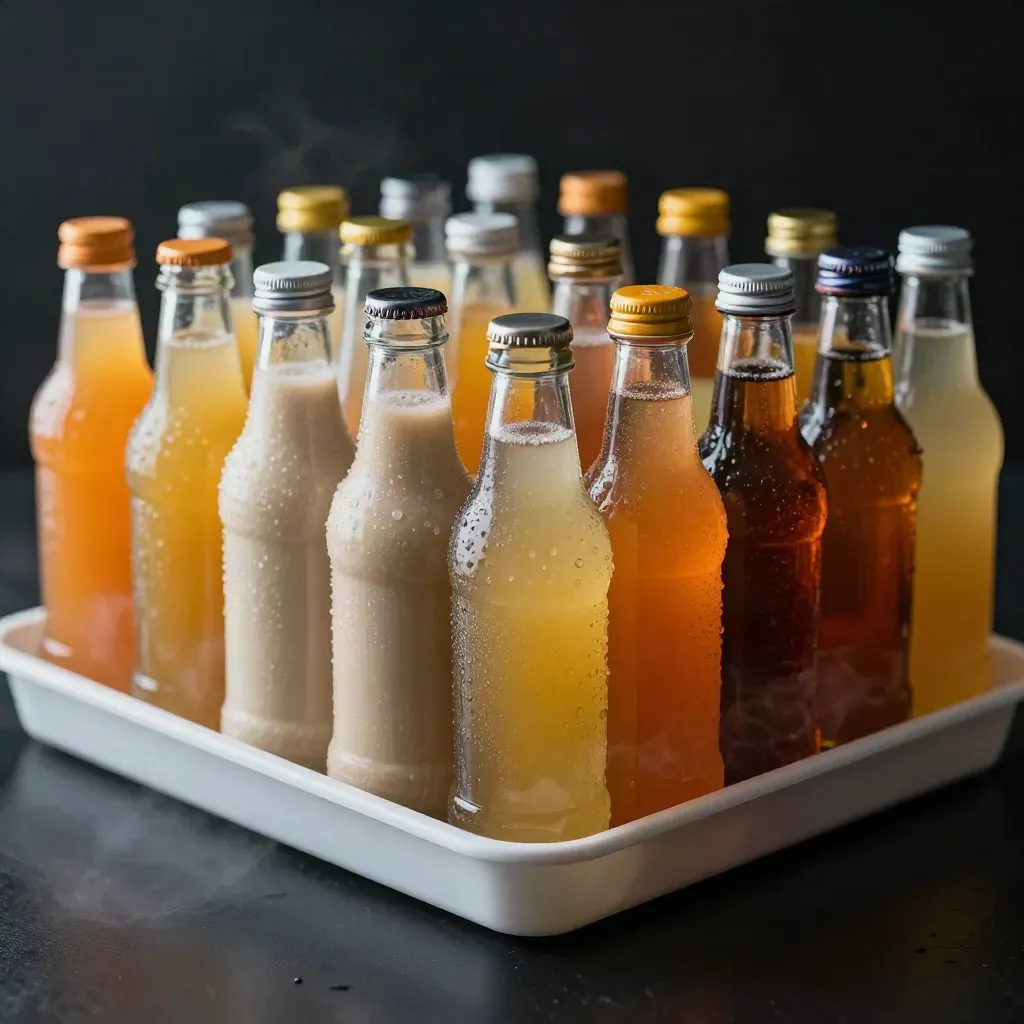 Diagonal lineup of unbranded drink bottles cresting from a white tray in mist and orange glints.