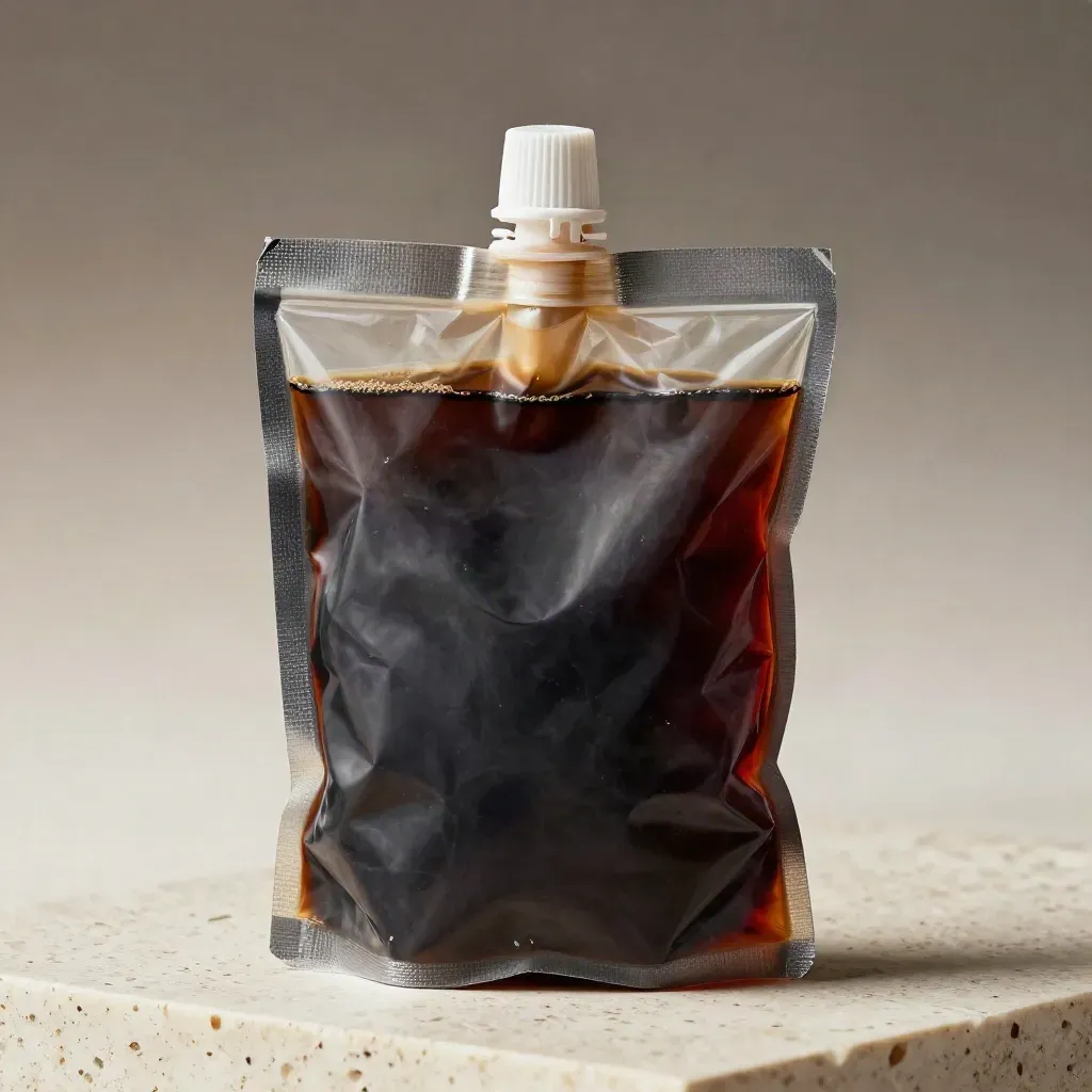 Close-up of a cherry cola syrup bag-in-box with a matte spout on travertine