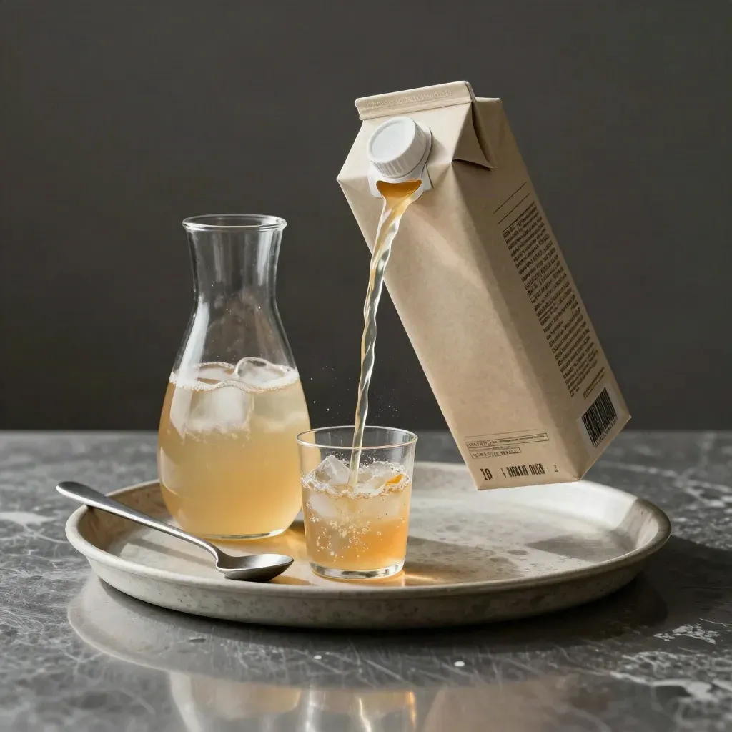 Lemon iced tea base carton, tea decanter, and spoon pouring into a tray