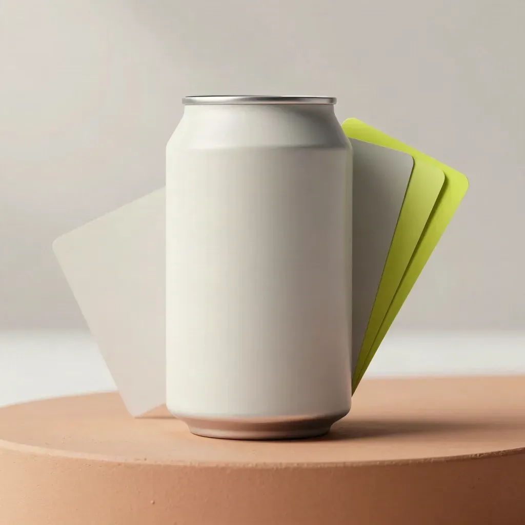 Blank aluminium energy can mockup with proof wrap and color swatches on a terracotta plinth.