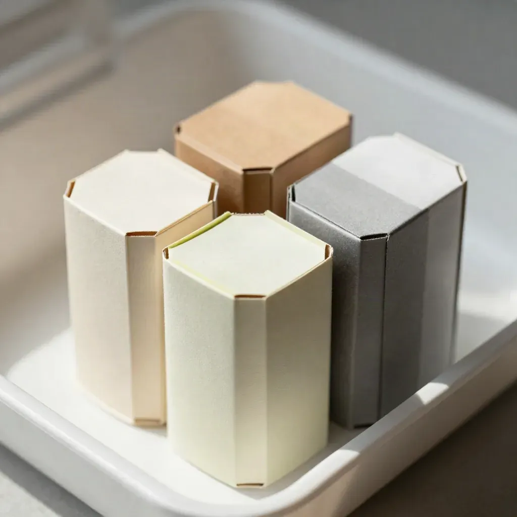 Overhead macro of a six-flavour sampler opened in a hexagon with paper bands and carton edges.