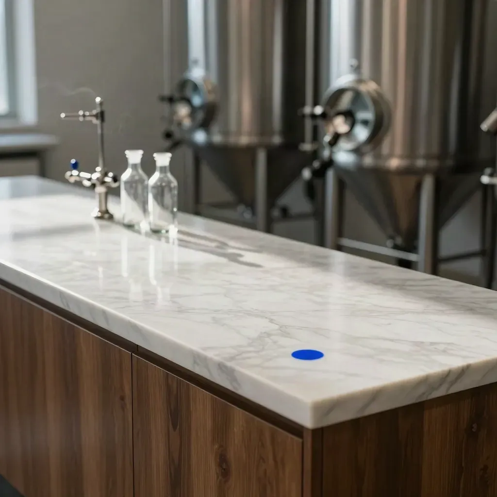 Bright bottling room with marble bench, steel tanks and blurred filler heads.