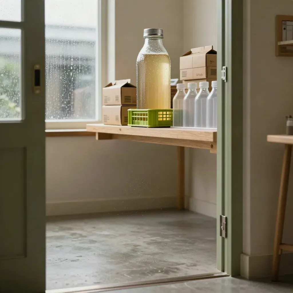 Warm juice bottling studio with oak shelves, cartons, and rain-lit window.