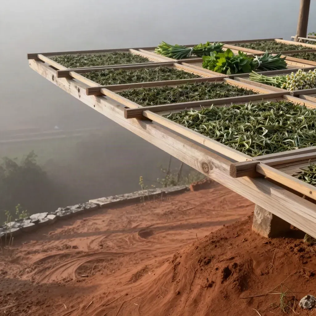 Misty herb-drying terrace above a valley, pale wood racks and tea leaves in morning fog