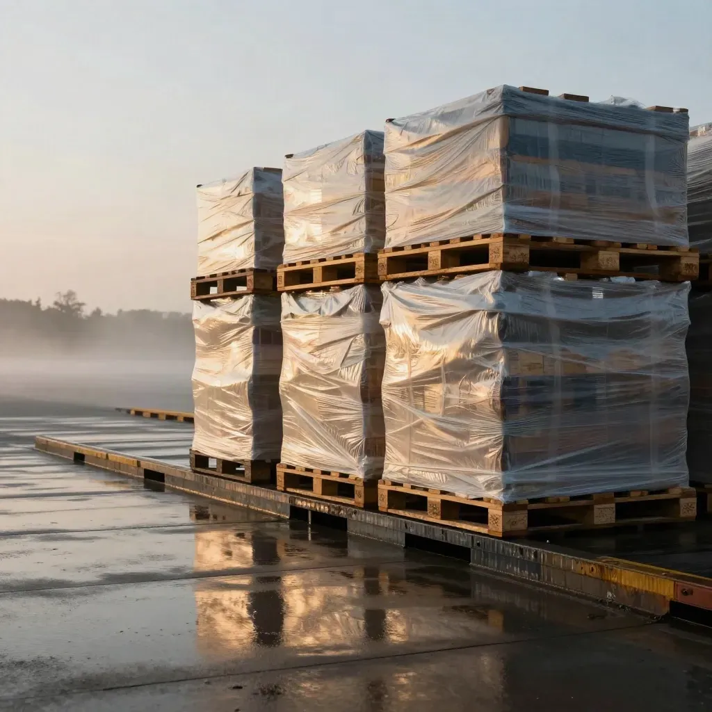 Rainy beverage loading dock with shrink-wrapped pallets under a pale dusk sky.