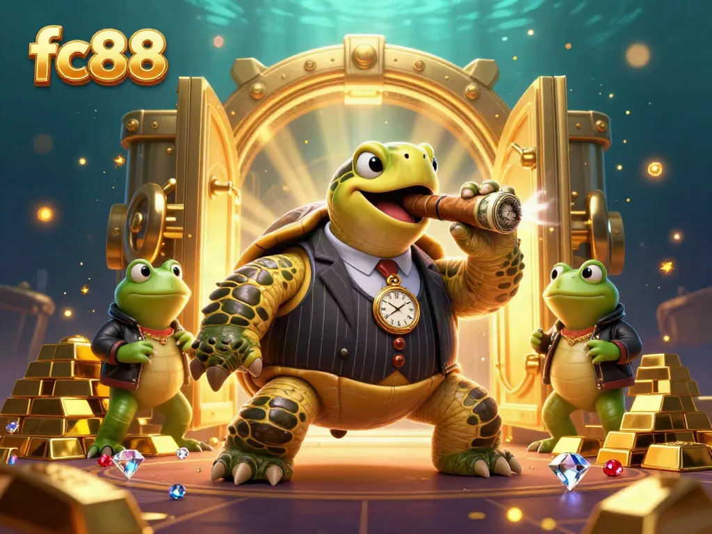 Experience thrilling wins with fc88 in a vibrant casino scene featuring a mobster turtle and bullfrog enforcers.