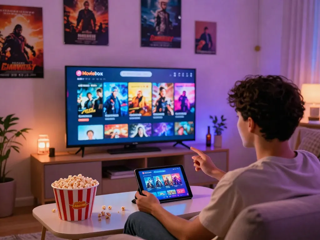 Moviebox.co app user selecting entertainment in a cozy living room setting with vibrant lighting.
