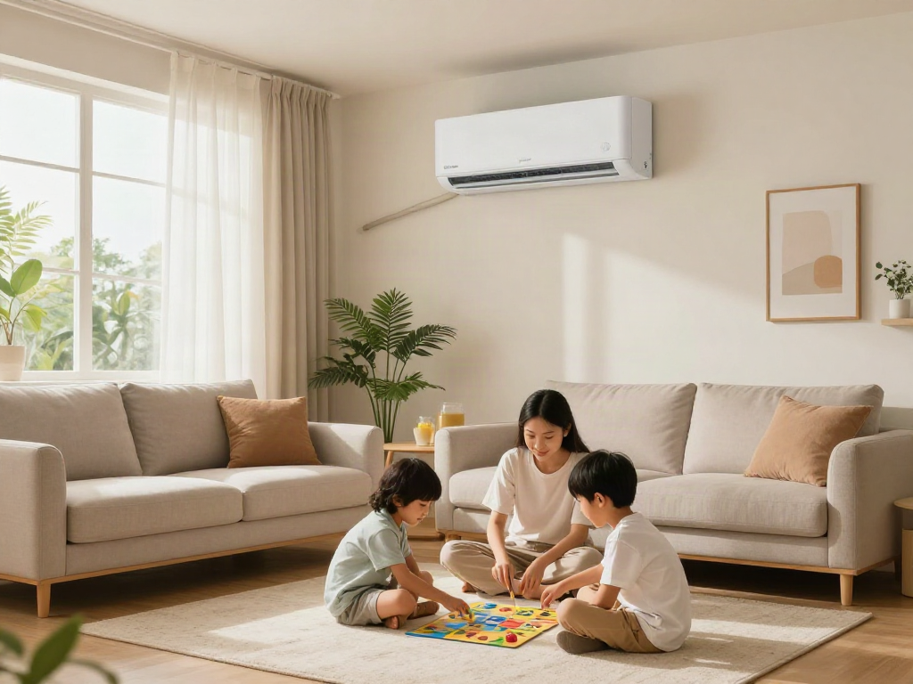 Family enjoying time in cozy living room with a mini split air conditioner mounted on the wall for cool comfort.
