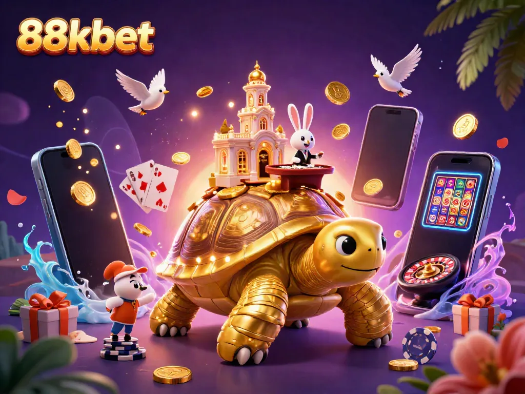 Enjoy vibrant gaming action at 88kbet with a lively casino scene featuring a golden tortoise, a rabbit dealer, and dynamic slots.