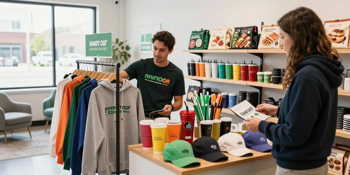 Explore quality printed apparel and promotional products in a vibrant retail showroom.