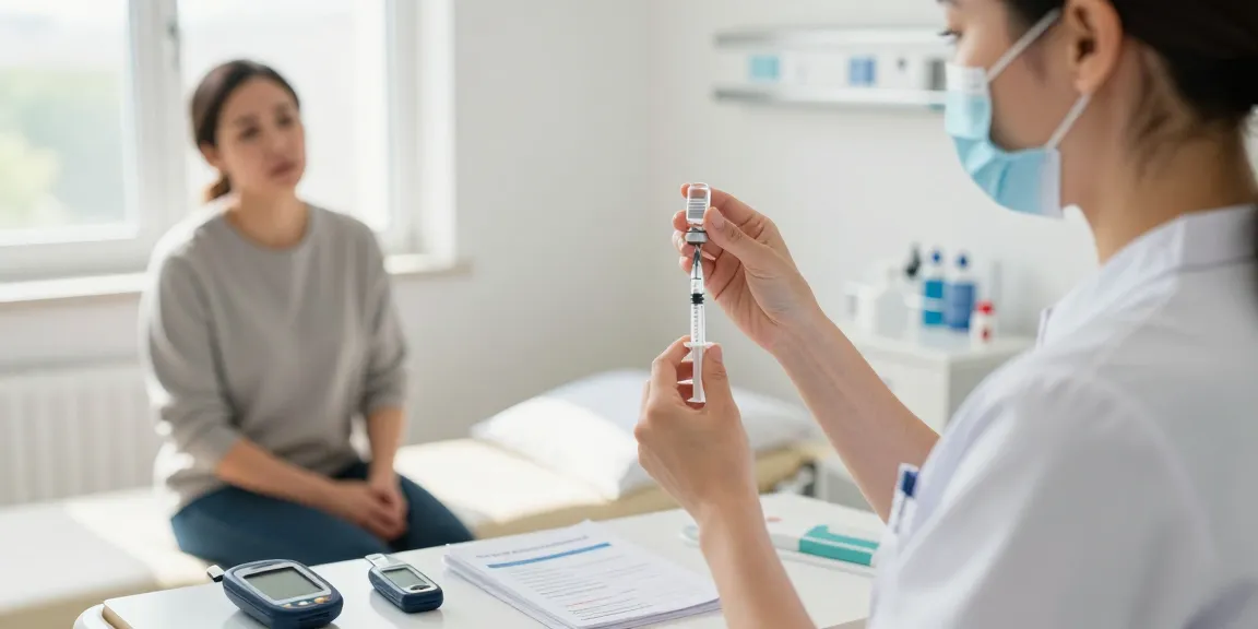 Healthcare professional preparing an insulin syringe for patient care in a bright clinic.