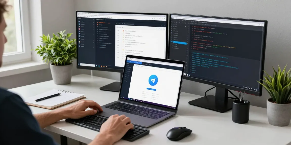 Professional using Telegram Web Version on a sleek laptop in a modern workspace.