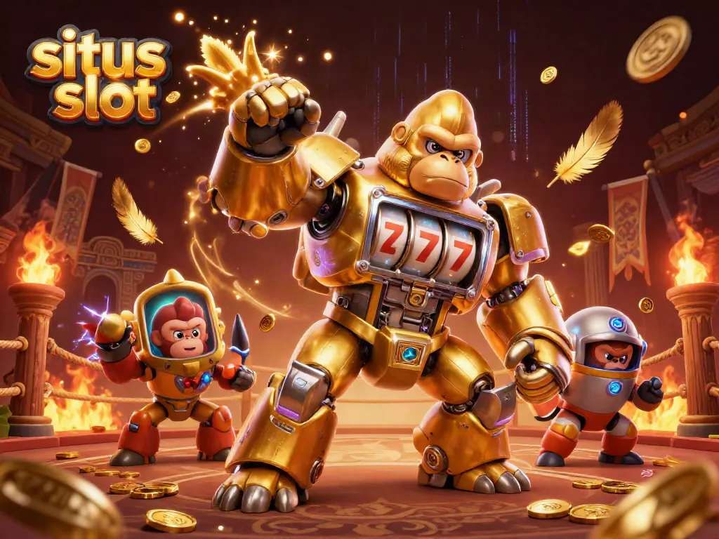Experience thrilling wins with situs slot featuring a golden gorilla mech amidst dynamic casino elements.
