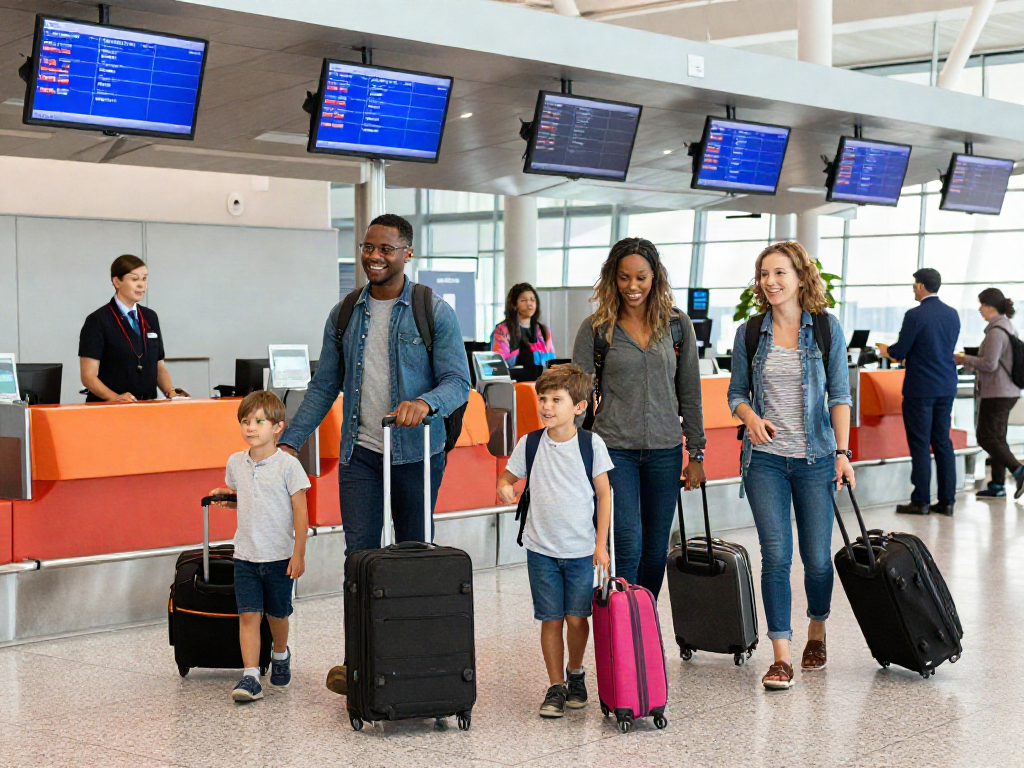 Excited family preparing for northern Ontario flights in an airport terminal, showcasing travel excitement and adventure.