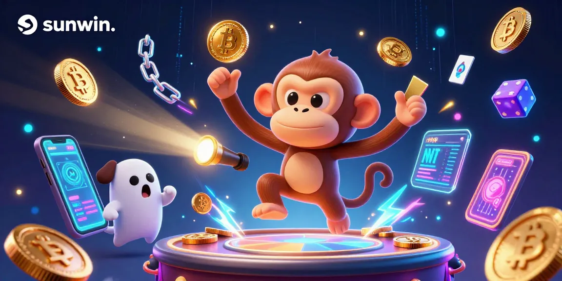 Experience thrilling gaming at sunwin. with a playful ghost and monkey juggling gold coins in a vibrant casino.